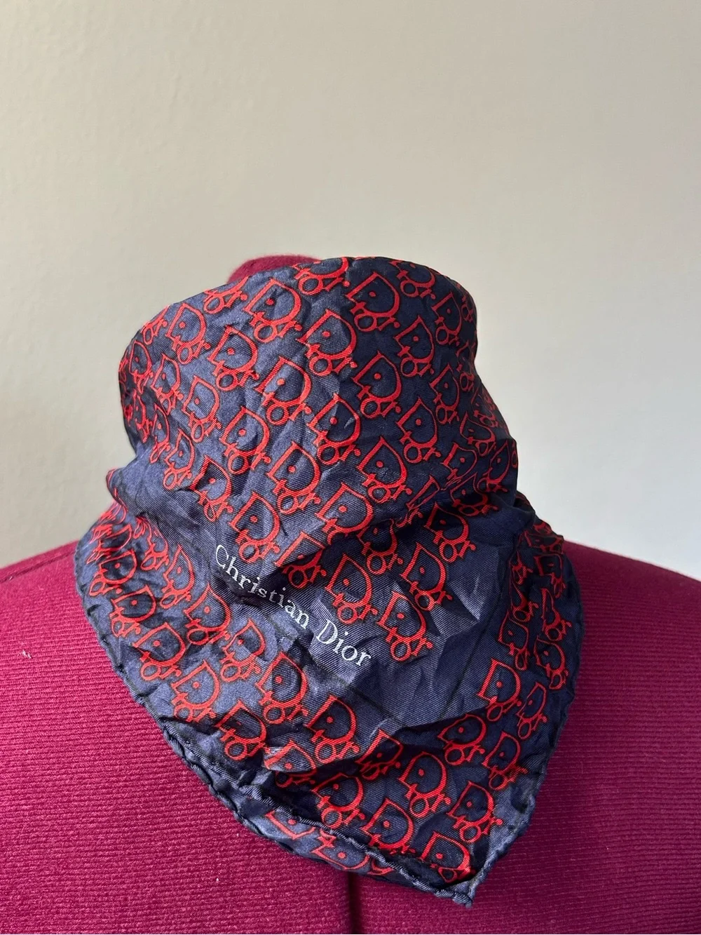 ·Christian Dior· Vintage Navy and Red Silk Logo Scarf